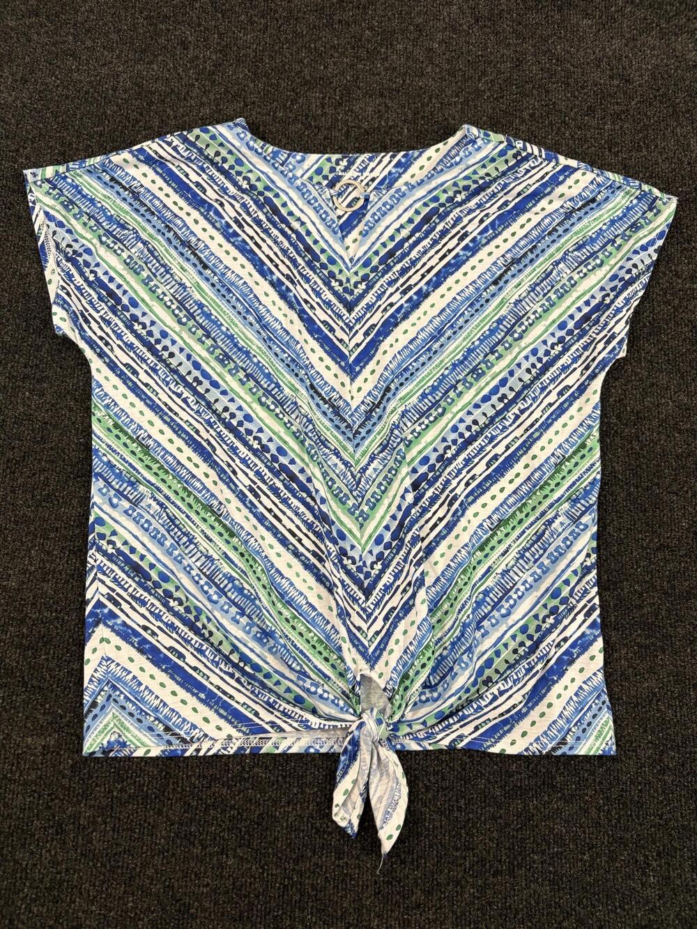 Allison Daley Blouse Womens S Blue Stripe Keyhole Tie Front Short Sleeve Top